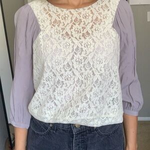 Maeve Cream and Gray Lace Blouse with 3/4 Sleeves